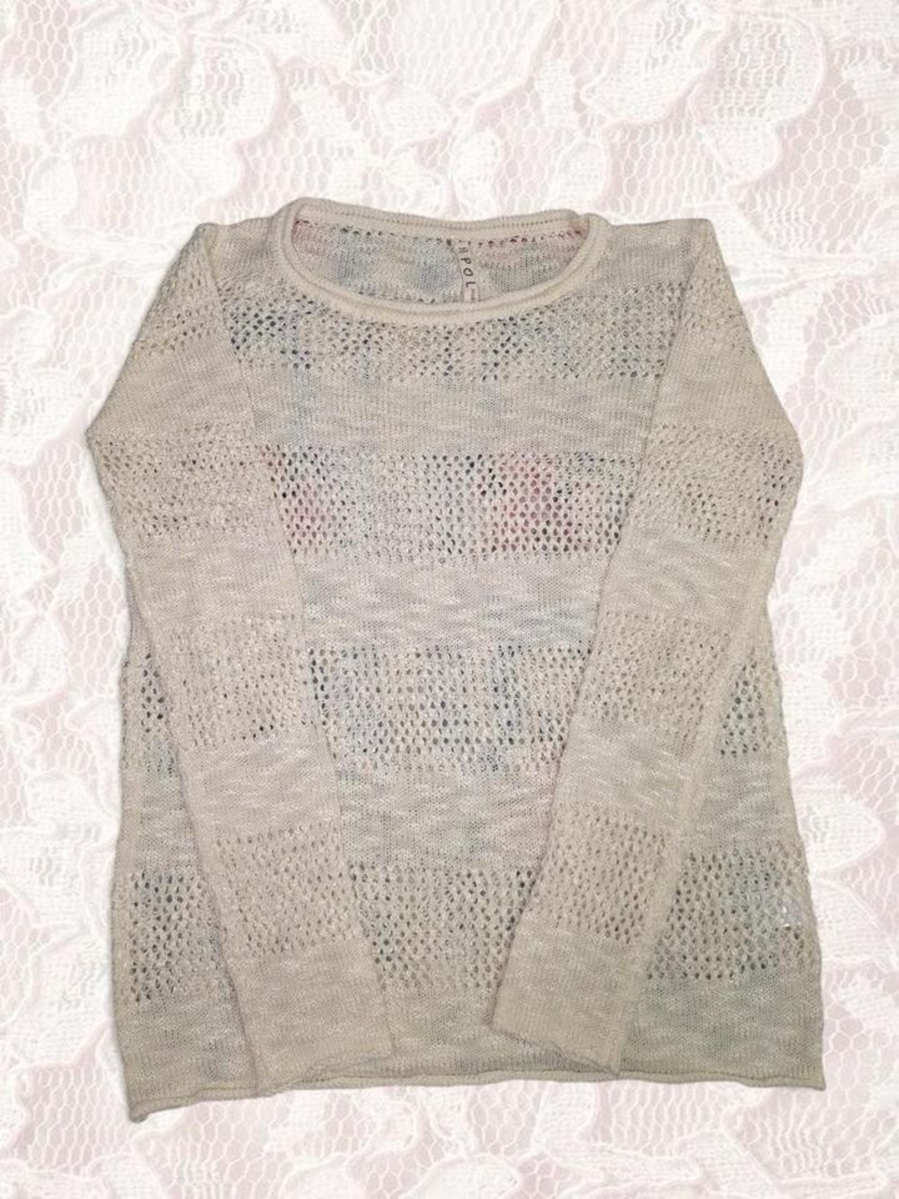POL Light Beige Open-Weave Striped Crew Neck Sweater